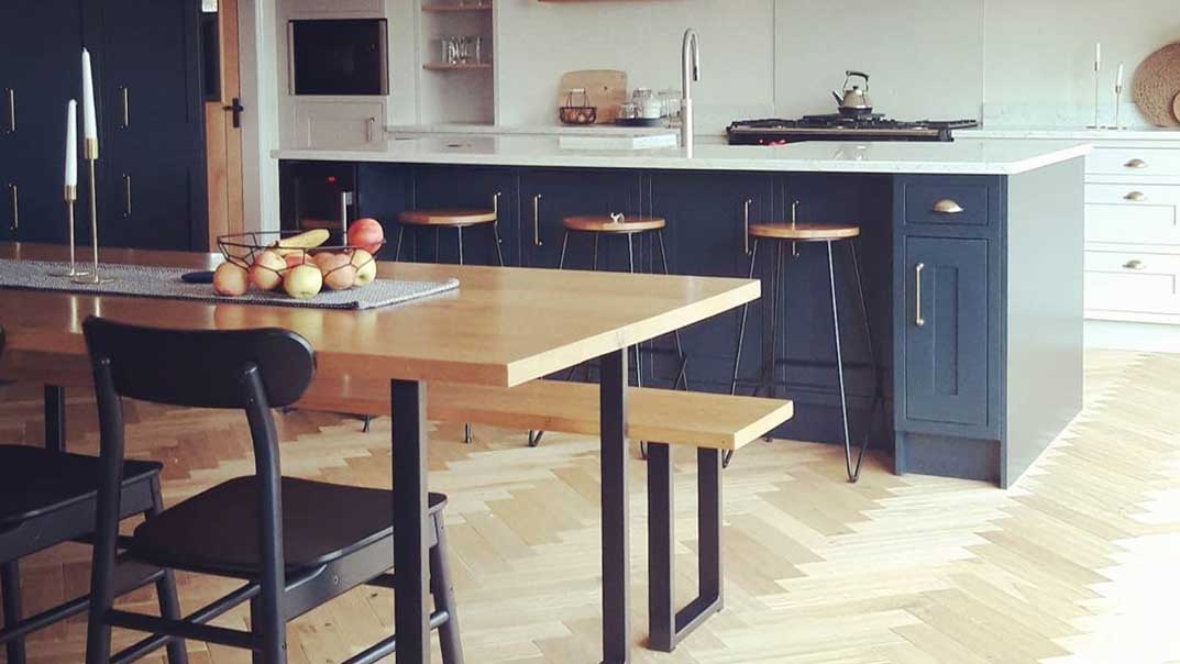 Solid Oak Dining Table with Black Square Frame Legs and Benches