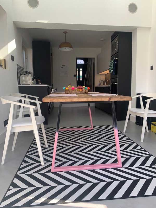 Industrial Pine Dining Table with A-Frame Legs in Black and Pink Powder Coat