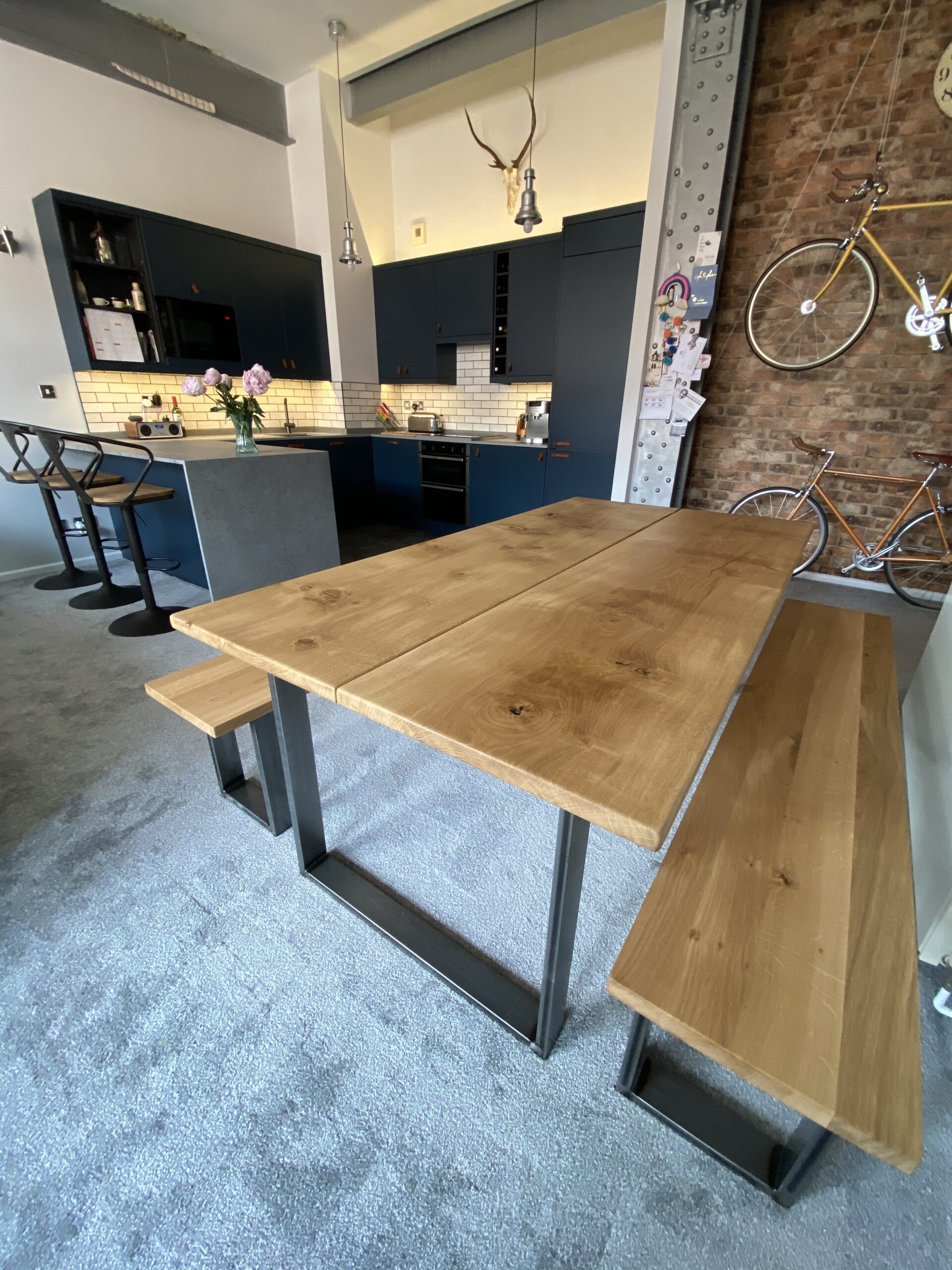 Solid Oak Double Plank Dining Table with Steel Square Legs