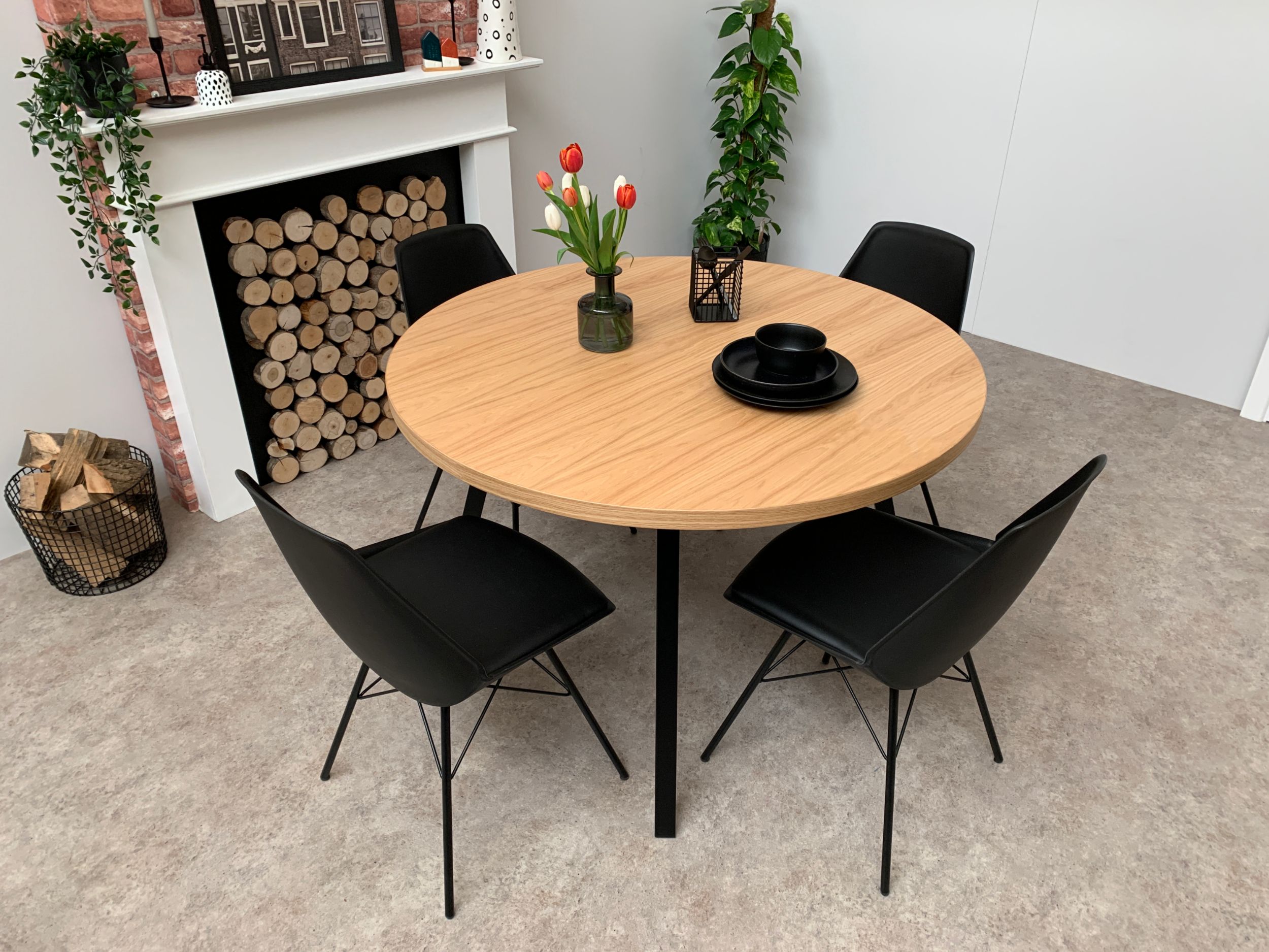 Grain and Frame Round Solid Oak Dining Table Tapered Black Steel Legs