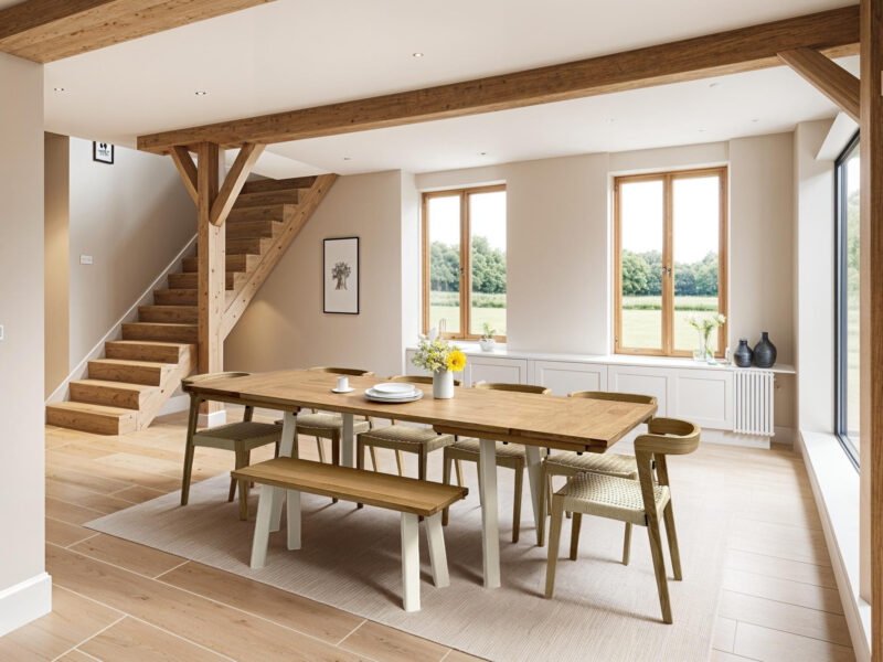 Extendable Natural Solid Oak Modern Farmhouse Dining Table