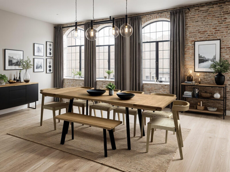 Extendable Natural Solid Oak Industrial Dining Table