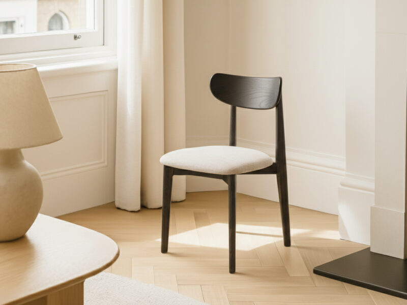 Black Solid Oak Scandinavian Dining Chair with Oatmeal Linen