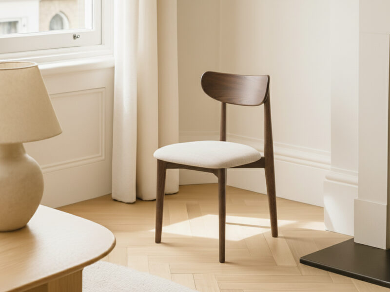 Dark Solid Oak Scandinavian Dining Chair with Oatmeal Linen