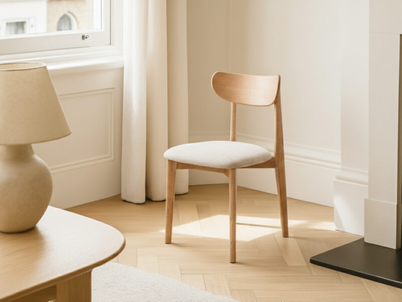 Light Solid Oak Scandinavian Dining Chair with Oatmeal Linen