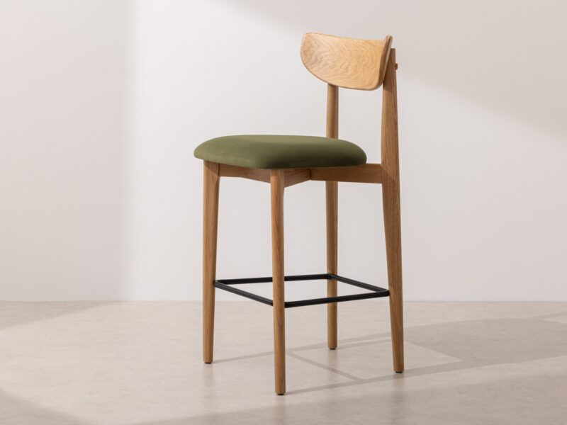 Grain and Frame Natural Solid Oak Bar Stool 02 with Green Velvet 1