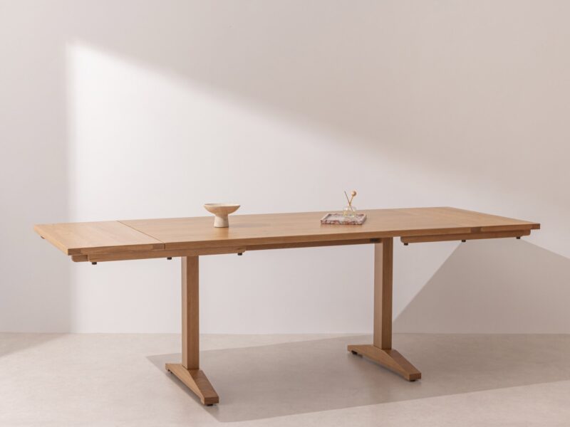 Natural solid oak Dining Table 02, extended with two leaves